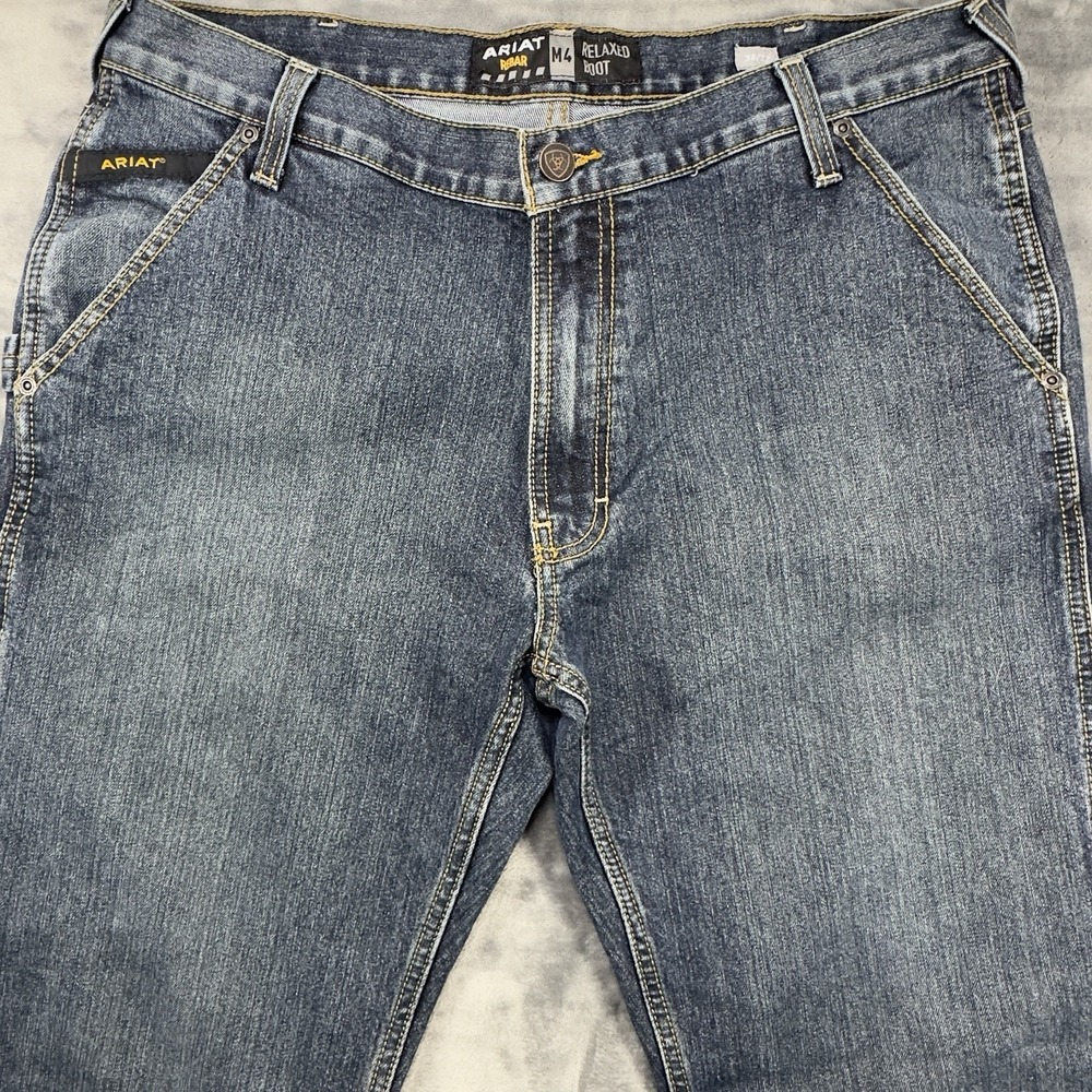 Ariat Rebar M4 Relaxed Boot Cut Jeans Mens 36x32 (Fits 38x32) Blue Work Denim - Picture 2 of 10